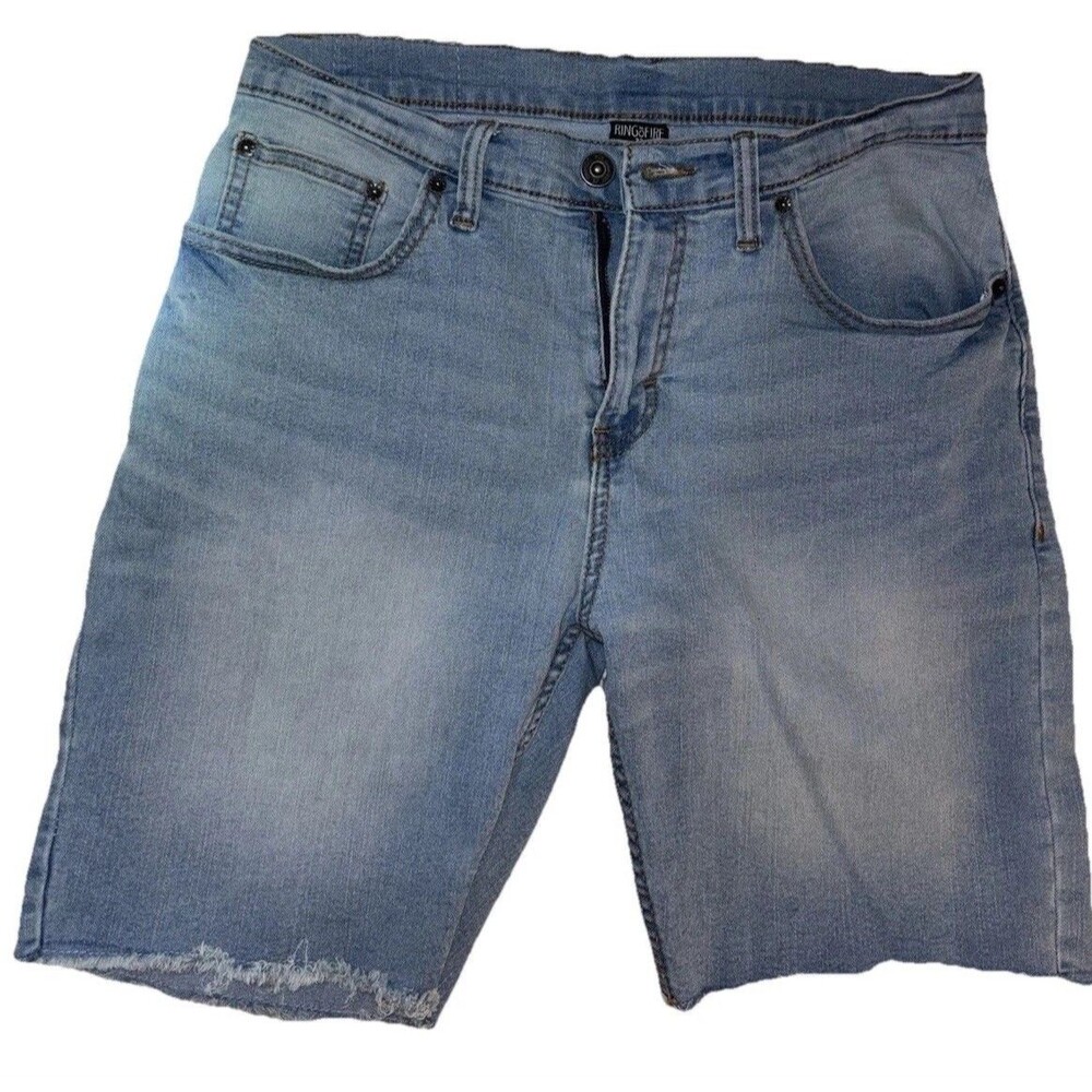 Ring of Fire Men's Denim Bermuda Shorts Light Blue Frayed Hem 5-Pocket